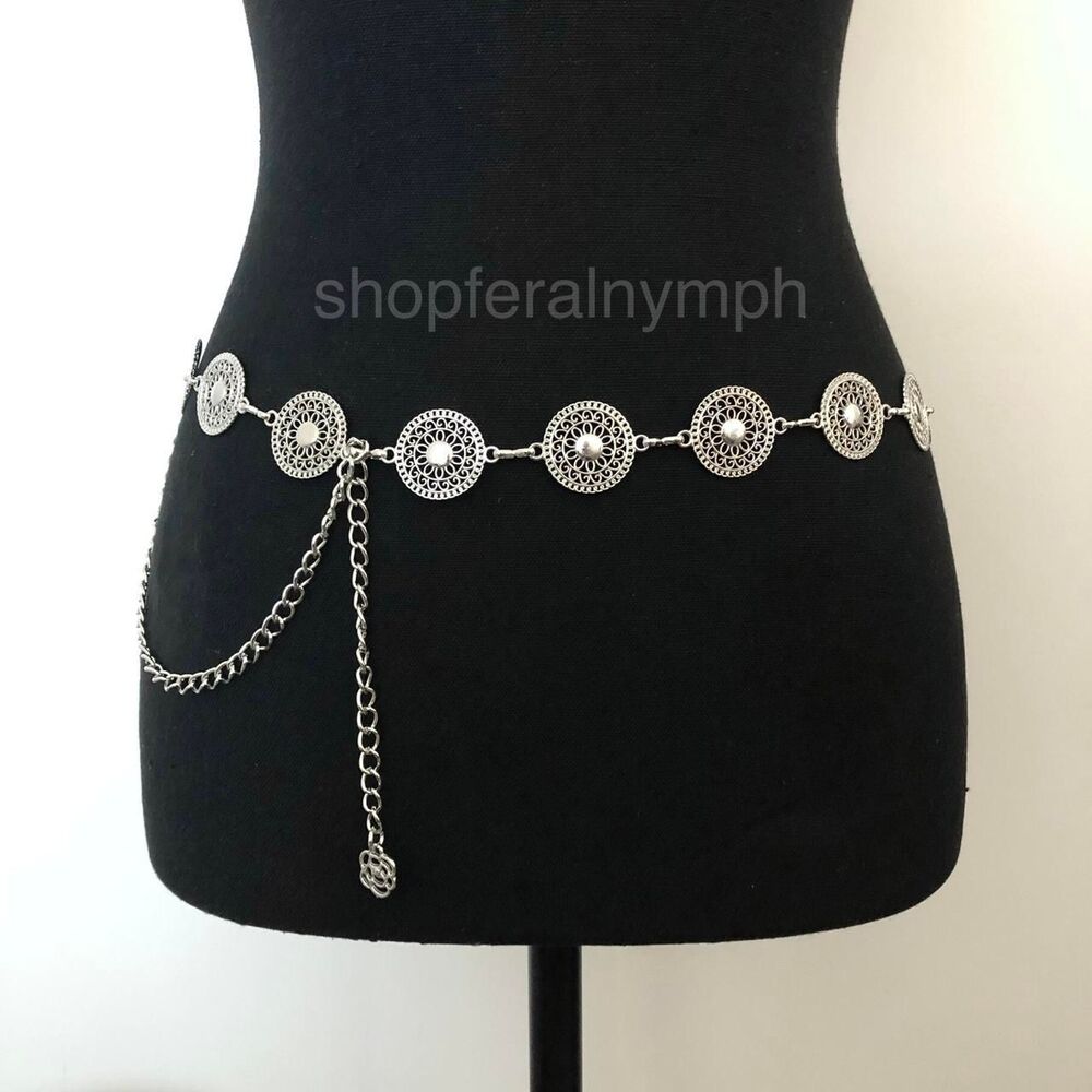 Vintage Y2K Boho Silver Mandala Circle Chain Belt, Fits 26.5–46 Inches, X7GA1166